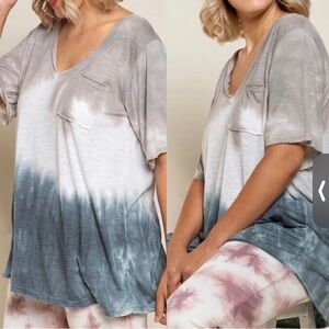 POL V-NECK SHORT SLEEVE OMBRÉ T-SHIRT IN GRAY AND WHITE SIZE SMALL NWOT